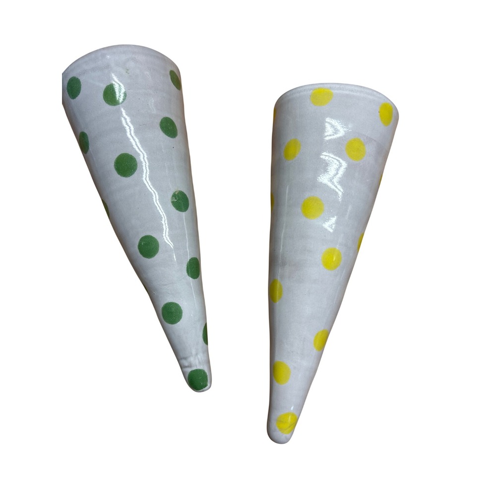 Anthropologie Polka Dot Ceramic Wall Pocket cone Vase Set 2 Green Yellow White